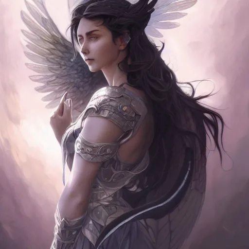 Image similar to powerful fantasy story girl with gray skin and dark gray hair and large black angel wings and armor, vivid colors, intricate, elegant, highly detailed, digital painting, artstation, concept art, smooth, sharp focus, illustration, art by artgerm and greg rutkowski and alphonse mucha and loish and wlop