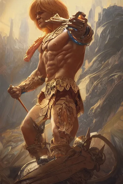 Prompt: ultra realistic illustration, he - man, sci - fi, fantasy, intricate, elegant, highly detailed, digital painting, artstation, concept art, smooth, sharp focus, illustration, art by artgerm and greg rutkowski and alphonse mucha