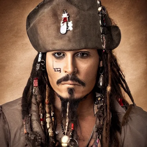 Prompt: Portrait photo of captain jack sparrow, color, studio light