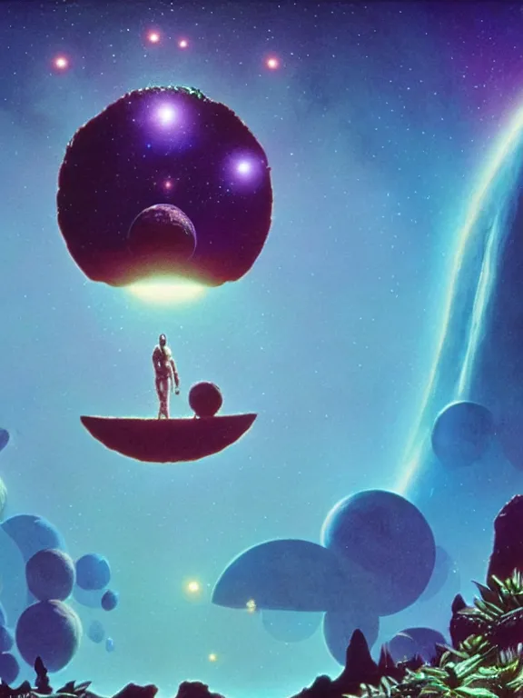 Image similar to still from space odyssey movie, round epic coconut spaceship floating in deep space in full of many orchids flowers, galaxy, nebula, epic, style of moebius, vincent di fate, michael whelan, mucha, volumetric light, mega detailed, unreal engine 5, beautiful composition, beautiful lighting