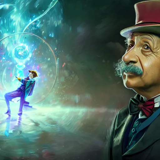 Image similar to portrait of albert einstein as willy wonka, league of legends amazing splashscreen artwork, fantasy, splash art, natural light, elegant, photorealistic facial features, intricate, fantasy, detailed face, atmospheric lighting, anamorphic lens flare, cinematic lighting, league of legends splash art, hd wallpaper, ultra high details by greg rutkowski