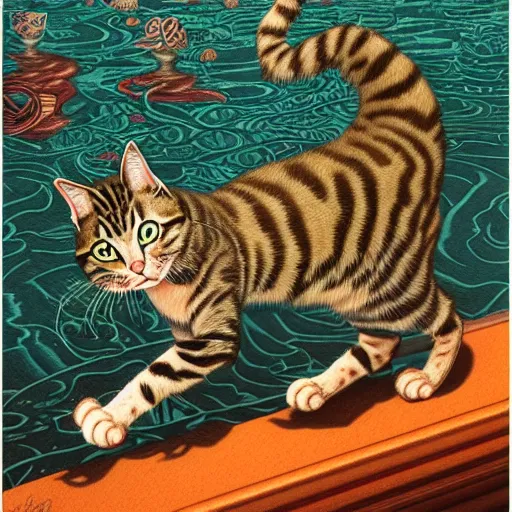 Prompt: full shot of a cat walking on water and Casey Weldon and Chie Yoshii, rich colors, intricate, elegant, highly detailed, centered, digital painting, artstation, concept art, smooth, sharp focus, illustration