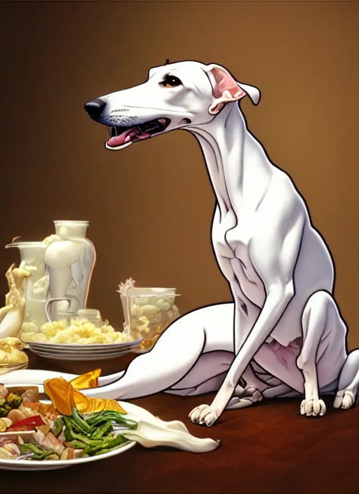 Image similar to white brown greyhound stealing food, natural lighting, path traced, highly detailed, high quality, digital painting, by don bluth and ross tran and studio ghibli and alphonse mucha, artgerm