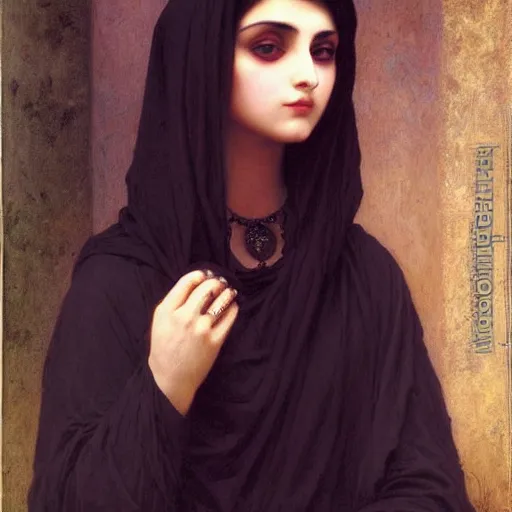 Prompt: 2 1 - year - old persian goth woman, gothic woman, trad goth, drawn by william - adolphe bouguereau