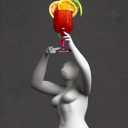 Image similar to close - up of white reneissance statue holding a coctail, colorful coctail, digital painting, 3 d render