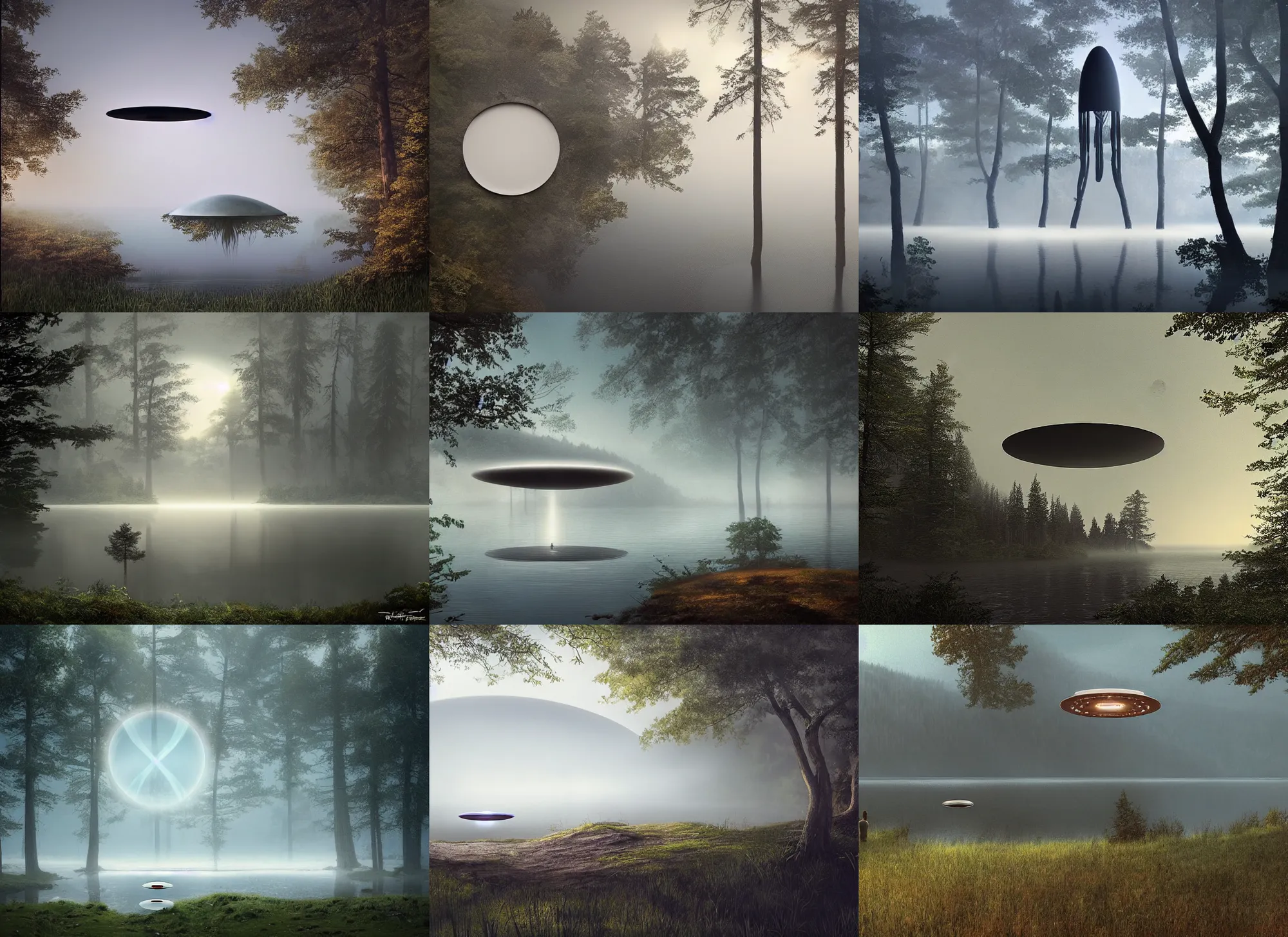 Prompt: a disc shaped UFO over a lake, forest, mist by Raoul Vitale and Greg Rutkowski