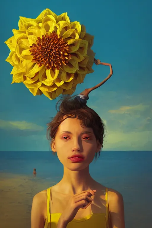 Image similar to closeup girl with huge yellow dahlia flower as a face, on beach, surreal photography, blue sky, sunrise, dramatic light, impressionist painting, digital painting, artstation, simon stalenhag