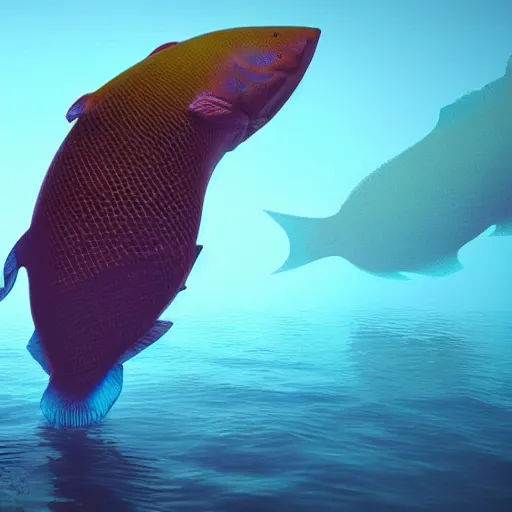 Prompt: a giant fish that is floating in the water, a screenshot by beeple, featured on polycount, symbolism, lovecraftian, concept art, biomorphic