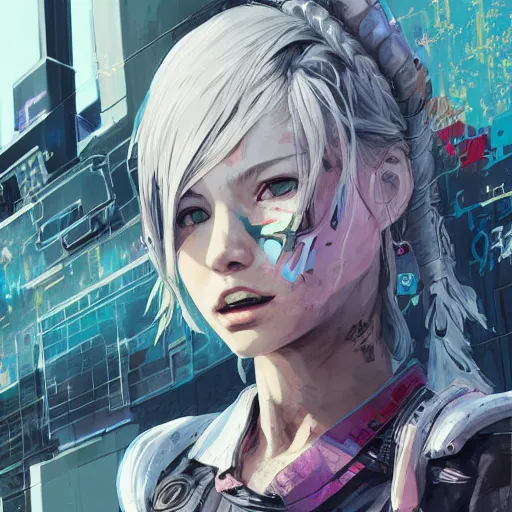 Prompt: highly detailed portrait of a young post-cyberpunk lady with wavy blonde hair, by Dustin Nguyen, Akihiko Yoshida, Greg Tocchini, Greg Rutkowski, Cliff Chiang, 4k resolution, nier:automata inspired, bravely default inspired, vibrant but dreary synthwave color scheme!!! ((Graffiti wall background))