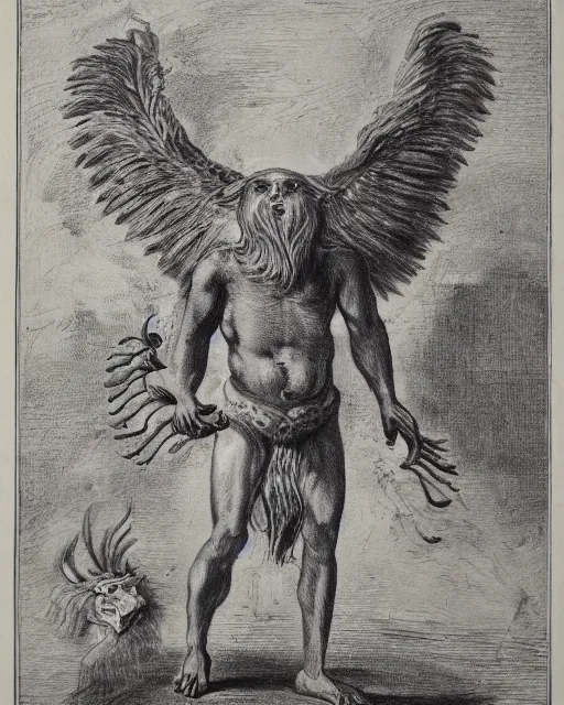 Image similar to human / eagle / lion / ox hybrid with two horns, one big beak, mane, human body. drawn by francis bacon