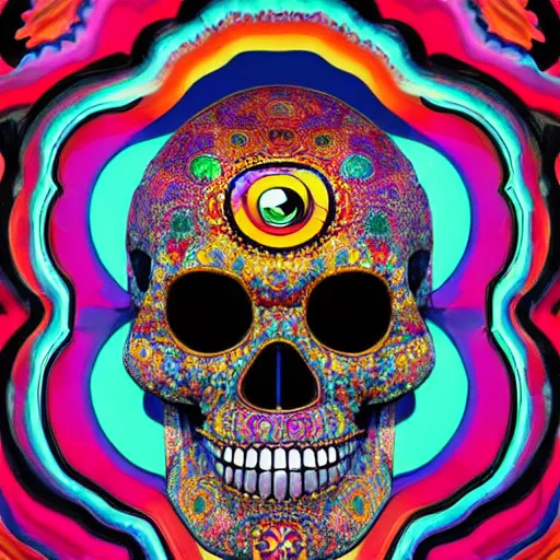 Image similar to colourful upper half portrait of an santeria crystal skull art by takashi murakami, highly detailed, digital painting, ray tracing, concept art, illustration, smooth sharp focus, intricate, symmetry, artstation,