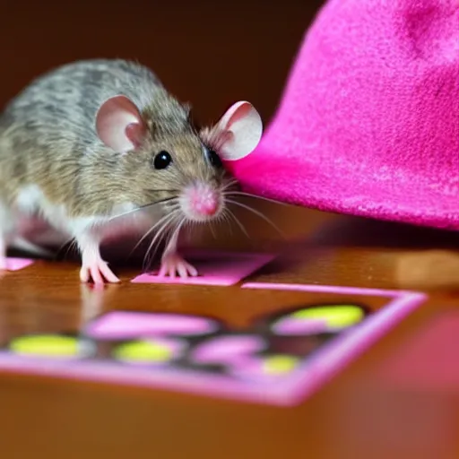 Prompt: mouse wearing a pink hat playing a board game