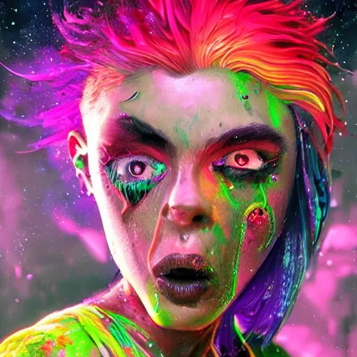 Prompt: splashes of neon galaxies, mowhawk, punk wizard portrait made out of paint, trending on artstation, epic composition, emotional, beautiful, rendered in octane, highly detailed, realistic, tim burton comic book art, sharp focus, unreal engine