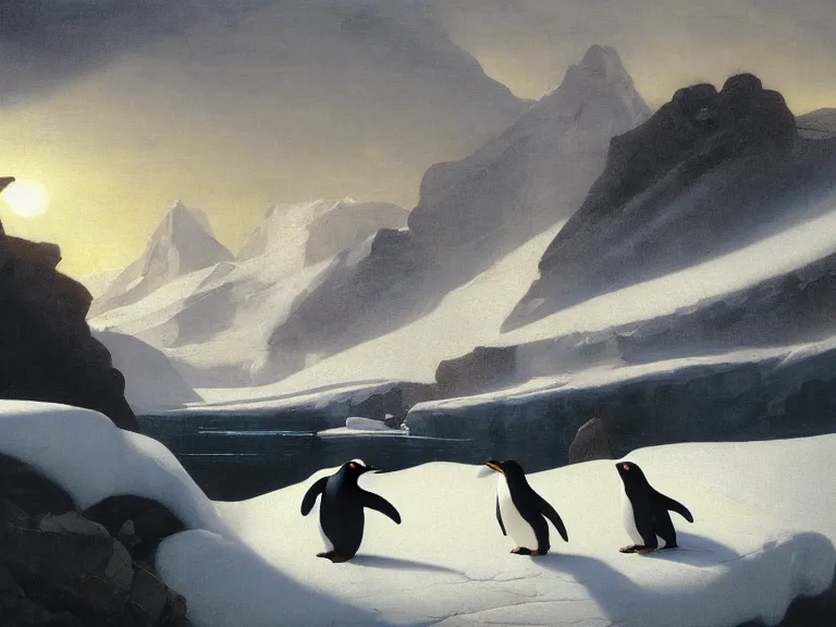 Prompt: an oil painting of a penguin and a misty glacier at dawn. by tuomas korpi and carl spitzweg. baroque elements. intricate artwork by caravaggio. oil painting. oil on canvas. award winning. dramatic. trending on artstation. 8 k