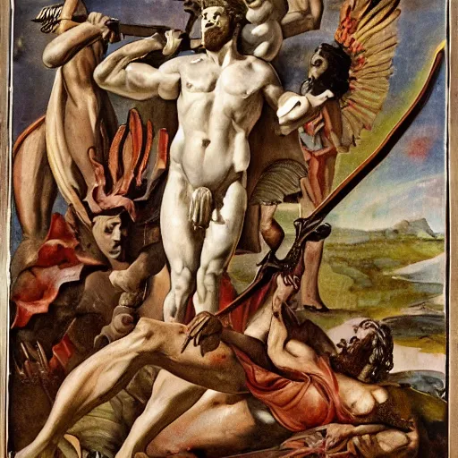 Prompt: The collage depicts the mythical hero Hercules in the moments after he has completed one of his twelve labors, the killing of the Hydra. Hercules is shown standing over the dead Hydra, his body covered in blood and his right hand still clutching the sword that slew the beast. His face is expressionless, betraying neither the exhaustion nor the triumph that must surely accompany such a feat. by Rob Gonsalves harrowing, harrowing