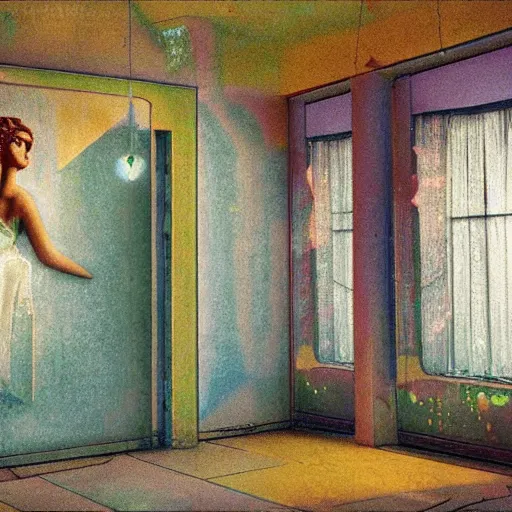 Prompt: a feminine glass statue in a soviet abandoned building, film still by david lynch, depicted by balthus, limited color palette, very intricate, art nouveau, highly detailed, lights by hopper, soft pastel colors, minimalist