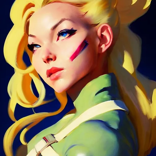 Image similar to Greg Manchess portrait painting of Cammy White as Overwatch character, medium shot, asymmetrical, profile picture, Organic Painting, sunny day, Matte Painting, bold shapes, hard edges, street art, trending on artstation, by Huang Guangjian and Gil Elvgren and Sachin Teng