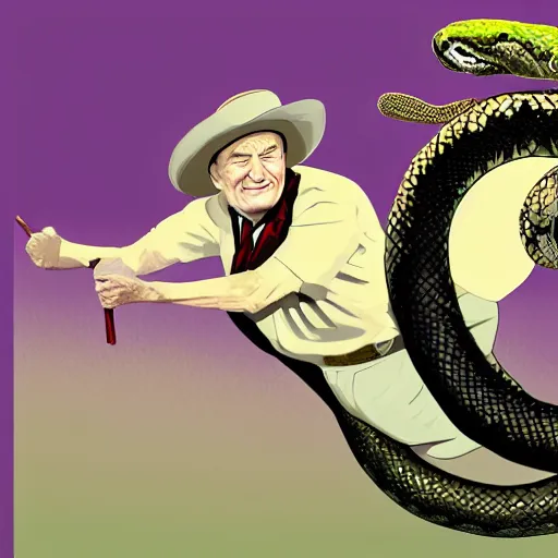 Image similar to Lyndon B Johnson riding a jumbo snake, digital art