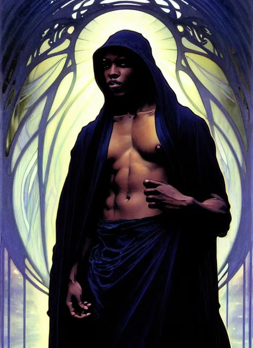 Image similar to awe-inspiring award-winning concept art nouveau painting of attractive young black man in a white hoodie angelic warrior figure, darkness, by Alphonse Mucha, Michael Whelan, William Adolphe Bouguereau, John Williams Waterhouse, and Donato Giancola, cyberpunk, fierce, extremely moody lighting, glowing light and shadow, atmospheric, shadowy, cinematic, diffuse lighting, fantasy, intricate, elegant, highly detailed, lifelike, photorealistic, digital painting, artstation, illustration, concept art, smooth, sharp focus, art by John Collier and Albert Aublet and Leonardo da vinci and Krenz Cushart and Artem Demura and Alphonse Mucha