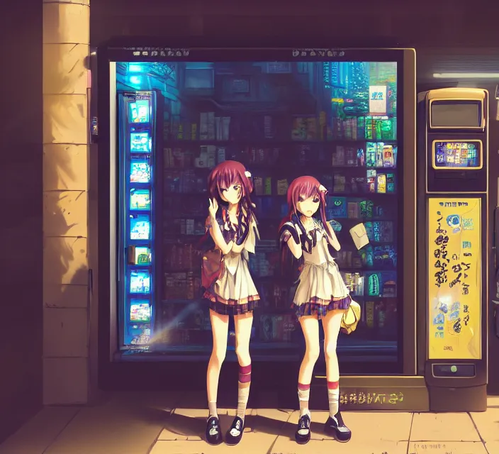 Image similar to Two beautiful anime girls, standing in front of a vending machine outside of a Japanese convenience store, in narrow Tokyo alleyway, gorgeous sunlight and shadows, D&D, fantasy, highly detailed, digital painting, artstation, concept art, sharp focus, illustration, in style of GUWEIZ and WLOP and NIXEU and Craig Mullins, Production I.G.