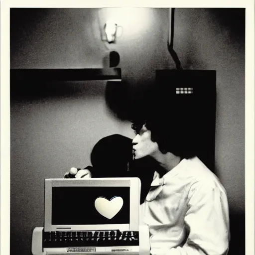 Prompt: a black and white photograph of a computer in love, by robert crumb, by jim henson, high contrast, soft lighting, surreal, film photography