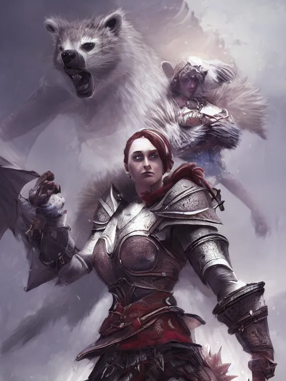 Image similar to a beautiful hyper realistic detailed epic concept art showing a noble knight women with her fist up and her spirit raccoon gradian above her, in the style of dragon age, featured on artstation