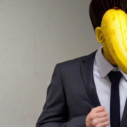 Image similar to banana head, a man wearing a suit banana head