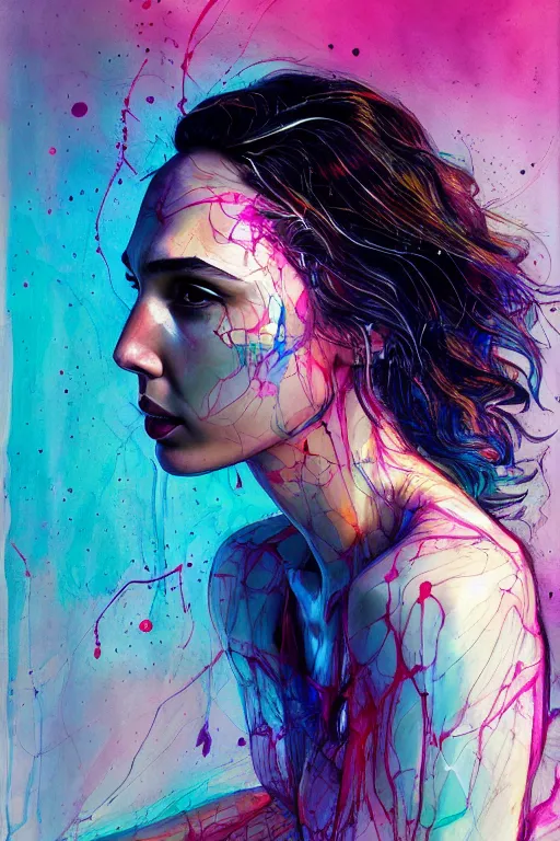 Image similar to gal gadot by agnes cecile enki bilal moebius, intricated details, sitting on a stool, full body portrait, extremely luminous bright design, pastel colours, drips, autumn lights