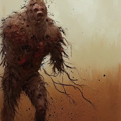 Image similar to painting by jakub rozalski of a muddy rooted humanoid creature with a big hole in the head. half body closeup