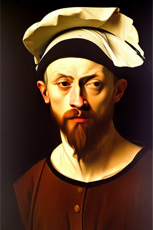 Prompt: old english royal portrait of a man in a bucket hat, caravaggio, cinematic, dramatic, photography, portrait