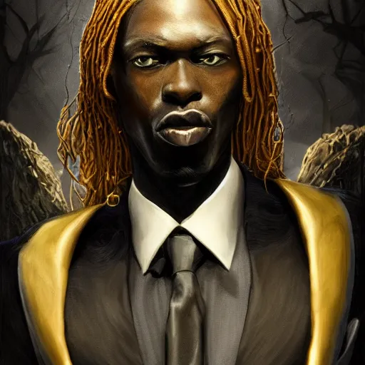 Prompt: portrait of a slender black man with angry face. Epic fantasy. hyperrealism. symetric face cinematic top lighting, insanely detailed and intricate, face by wlop, Frank frazeta, Lucas Graciano Boris Vallejo. Character Art. High Fantasy. golden ratio, symmetric matte painting, cinematic, trending on artstation, deviantart and cgsociety, 8k, high resolution