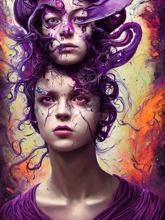 Prompt: art portrait of a furious girl with purple tentacles on her head,8k,by tristan eaton, Stanley Artgermm,Tom Bagshaw,Greg Rutkowski,Carne Griffiths,trending on DeviantArt,face enhance,hyper detailed,minimalist,cybernetic, ,full of colour