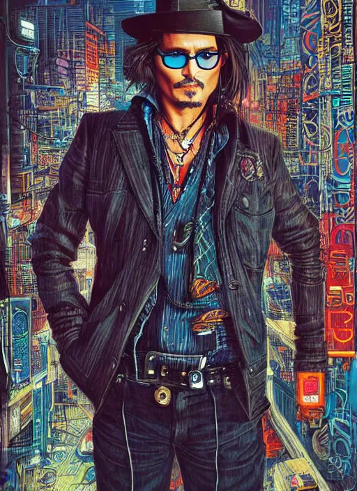 Prompt: johnny depp in a cyberpunk city by james jean, manuel sanjulian