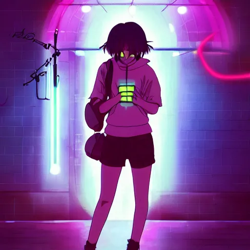 Prompt: listening to music at 2 am, night, pretty hispanic girl, pose, neon rain, lofi, lofi, peaceful, street light, anime key visual, poster, street wears, anime, by ghibli, ghibli studio high quality, 4 k, trending, trending on artstation