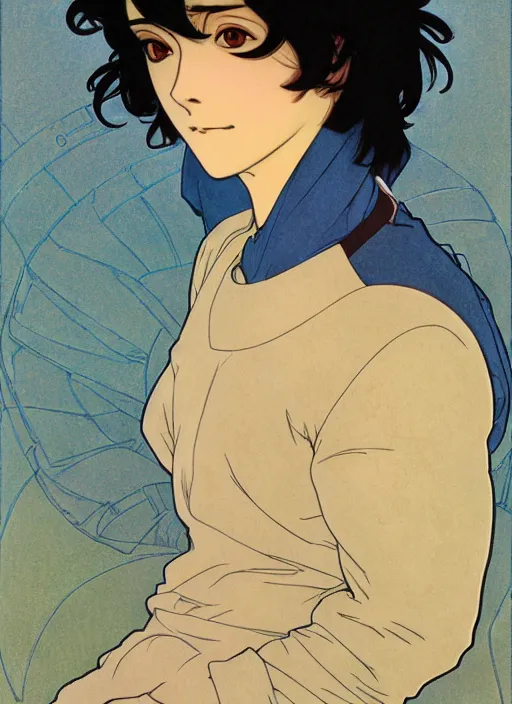 Prompt: handsome young man with short black hair, male, dressed in blue, looking down, half body shot, arms down, path traced, highly detailed, high quality, digital painting, by studio ghibli and alphonse mucha, hidari, art nouveau