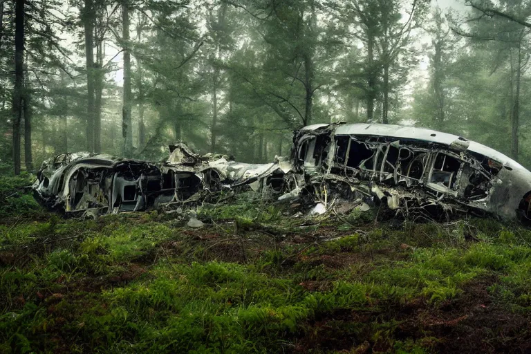 Prompt: a over grown old plane crash site in a forest, cinematic, epic lighting, greenery