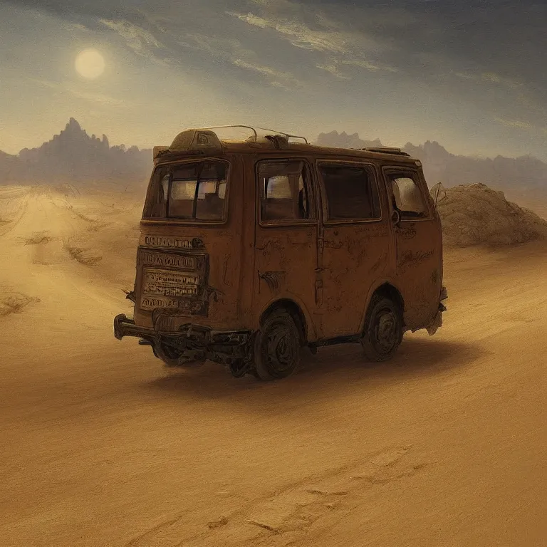 Image similar to a beautiful painting of a lone van driving into the distance on a deserted desert highway by carl gustav carus, highly detailed, concept art, cinematic lighting, high noon