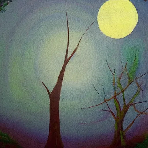 Prompt: This painting has such a feeling of peace and serenity. The tree is so still and calm, despite the wind blowing around it. The moonlight casts a soft glow over everything and the starts seem to be winking at you... in the style of the Little Prince