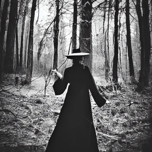 Image similar to a witch in an ancient forest, b&w photo by kasebian