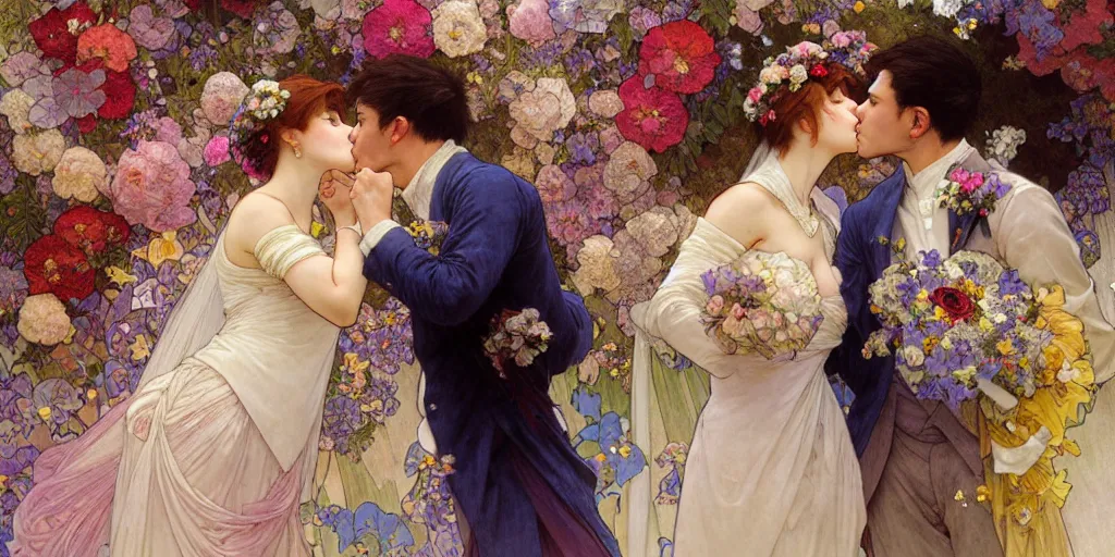 Prompt: the groom kisses the bride at a wedding full of flowers, bright and happy, dreamlike art, highly detail, 4 k realistic, krenz cushart. artem demura. alphonse mucha. yoji shinkawa artgerm. jon lothian. danilo torres. adi meyers. thomas reimann. gaston bussiere.