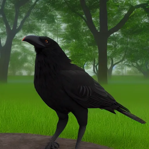 Image similar to a big friendly jungle crow in a park in a rainy day, digital painting, ultra detailed, unreal engine 5