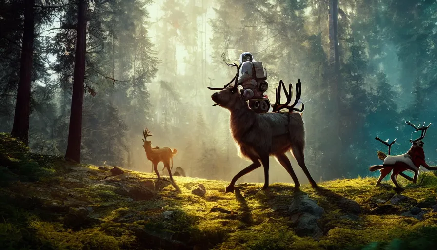 Image similar to american astronaut in the forest riding a reindeer, plants environment, wide angle, cinematic lighting, atmospheric, ultrarealistic, trending on artstation, cgsociety, highly detailed, color graded, in the style of craig mullins, rendered in Unreal Engine 4k HQ