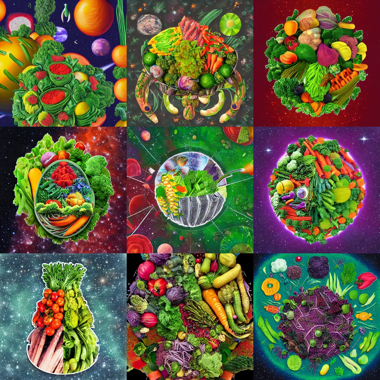 Prompt: ultra detailed photo of a satellite 🛰 in space made of vegetables, digital painting inspired by arcimboldo
