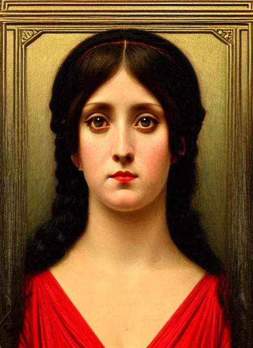 Image similar to portrait of a realistic ethereal woman with big eyes and a glowing face, wearing a red dress, in the style of john william godward, intricate details, high detail, super - flat, art nouveau, face symmetry, masterpiece, sharp focus