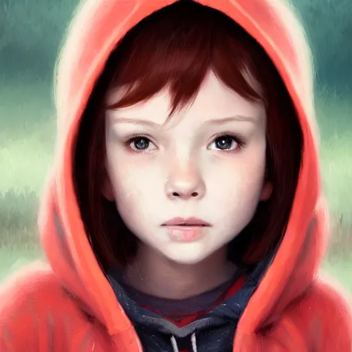 Image similar to a cute tiny girl with short red hair wearing a hoodie, digital art, very beautiful face, pretty face, very detailed eyes, full body illustration, 8 k resolution, soft painting, by greg rutkowski, wlop, rossdraws,