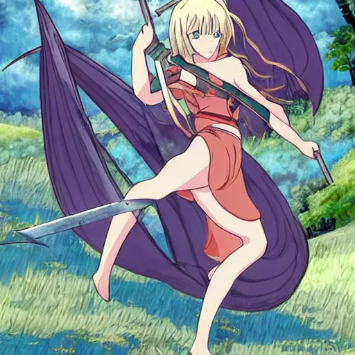 Prompt: a girl wielding a sword fights with a dragon,anime