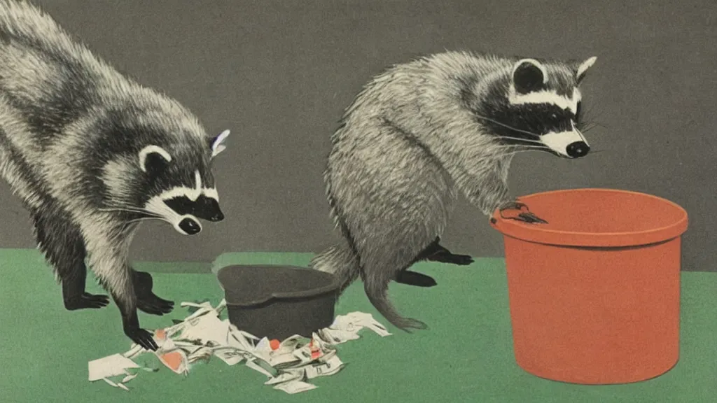 Prompt: A vintage scientific illustration from the 1970s of a raccoons digging through a trash can René Magritte