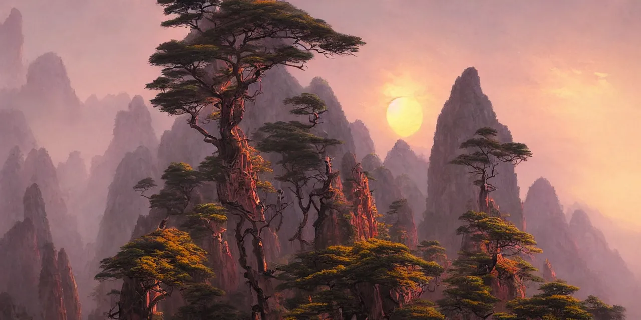 Prompt: surnatural sunset over huangshan, artwork by greg rutkowski