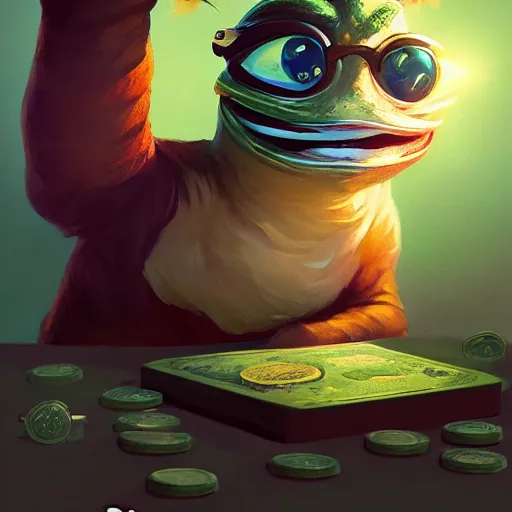 Image similar to super rich happy pepe, luxury, treasury, coins, money, hyper detalied, blue crystals, greg rutkowski, artstation