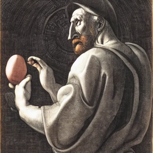 Prompt: Pensive Wizard Examining Eggs, by Michelangelo.